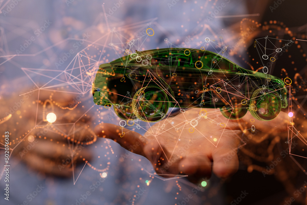 Poster Autonomous car with HUD graphic of Navigation system driving