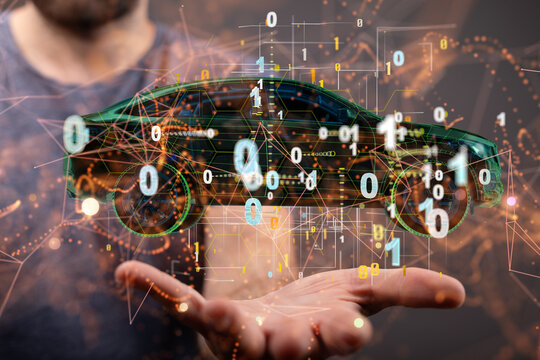 Autonomous car with HUD graphic of Navigation system driving