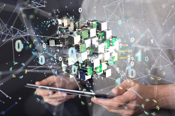 Data cloud storage network from lines, triangles and particle style design.