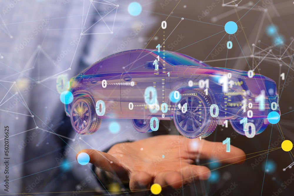 Poster Autonomous car with HUD graphic of Navigation system driving