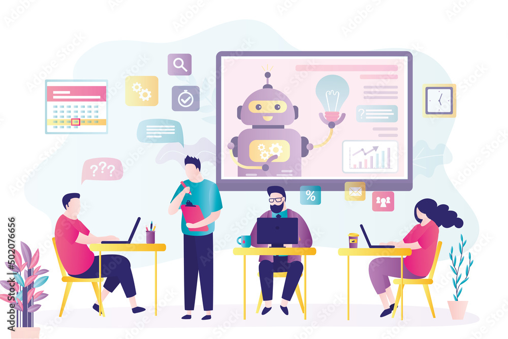 Aufkleber business people work in team with artificial intelligence. robot helps busy employees calculate stat