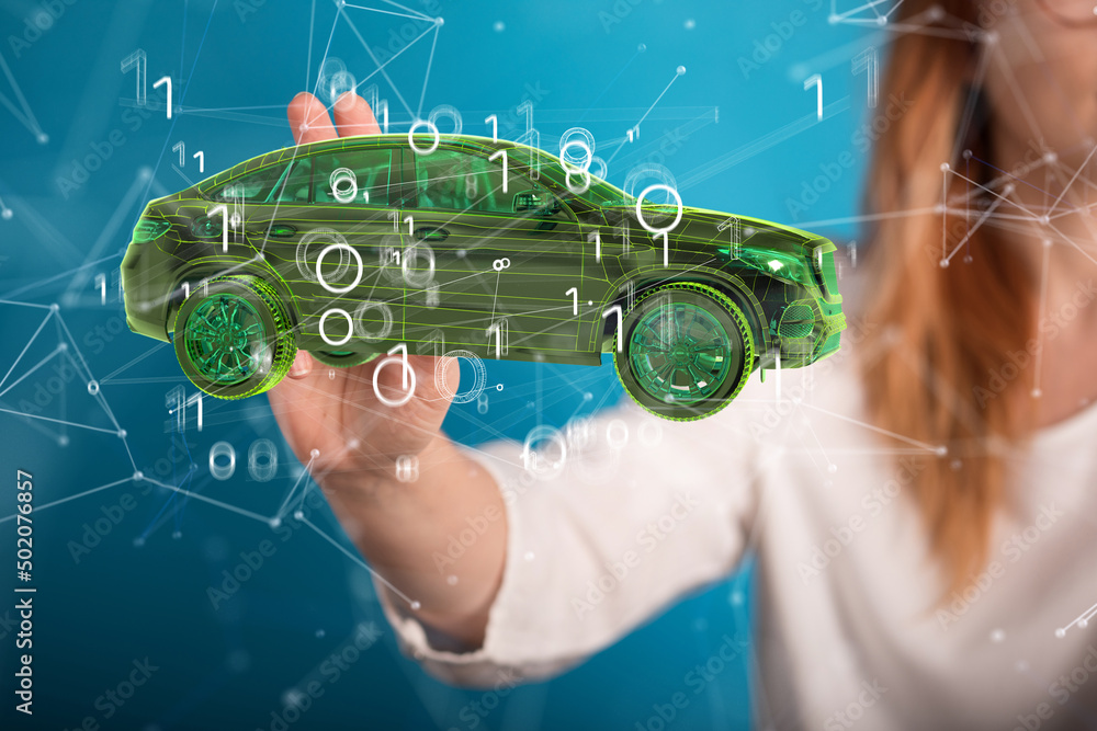 Poster autonomous car with hud graphic of navigation system driving