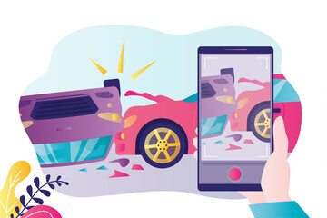 Driver takes pictures on mobile phone of traffic accident. Person crashed into automobile at high speed