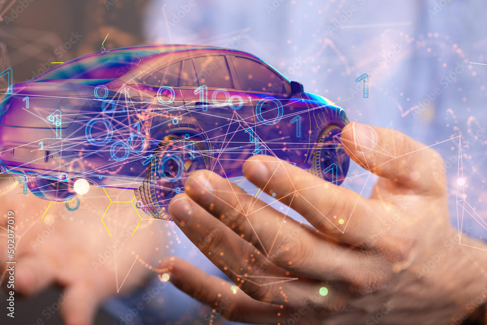Poster Autonomous car with HUD graphic of Navigation system driving