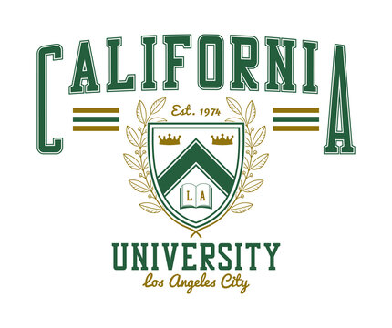 California university t-shirt design with varsity shield and laurel wreath. Tee shirt and sports apparel print in college style. Vector illustration.