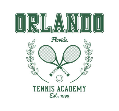 Orlando, Florida Tennis Academy T-shirt Design. Tee Shirt And Apparel Print With Tennis Racquet, Tennis Ball And Laurel Wreath. Vector Illustration.