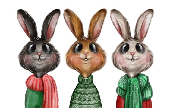 Cute rabbits portrait. Hand drawn hare illustration