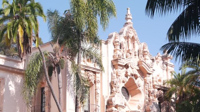 Spanish colonial revival architecture in Balboa Park, San Diego, California USA. Historic building in classic baroque or rococo romance style. Casa or old castle ornamental stucco decor, antique art.