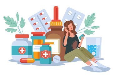 Depression mental illness medication drugs pills dependence concept.  Vector cartoon design element illustration