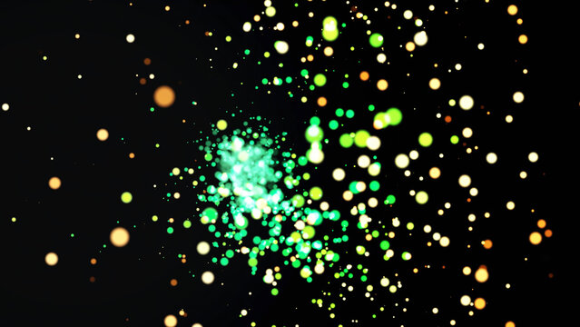 A slick modern motion graphics animation of an exploding, calmness, then imploding dot tunnel. Colorful Particles dots moving with depth of field. Glowing dots on black background version. Beautiful