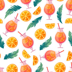 Summer juice cocktail orange palm tree beach vacation seamless cover wrapping pattern. Vector cartoon design illustration