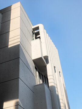 leeds, west yorkshire, united kingdom - 17 April 2022: close up details of the roger stevens building at the university of leeds, a brutalist concrete building by chamberlain powell and bon 1970