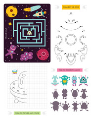 Space Activity pages for kids. Printable activity sheet with mini games – Maze game, Dot to dot, Finish the Picture, Find the correct shadow. Vector illustration. Cartoon Space characters.