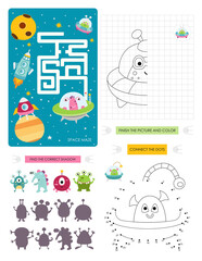 Space Activity pages for kids. Printable activity sheet with mini games – Maze game, Dot to dot, Finish the Picture, Find the correct shadow. Vector illustration. Cute Space characters.