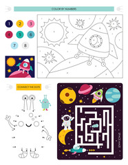 Space Activity pages for kids. Printable activity sheet with mini games – Maze game, Dot to dot, Color by numbers. Vector illustration. Coloring Rocket.