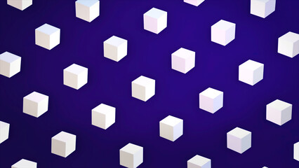 Abstract white cubes flowing diagonally on dark blue background, 3D effect. Animation. White figures looking like sugar, sweet crystal cubes moving in rows, seamless loop.