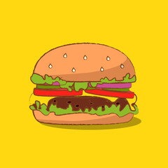 simple Burger icon. Vector Fast food illustration flat icon juicy delicious hamburger isolated on yellow background.