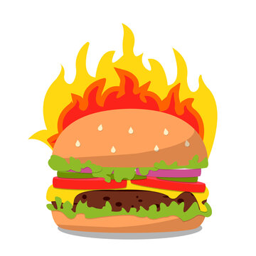 spicy burger with fire icon. Vector Fast food illustration flat icon juicy delicious hamburger isolated on white background.