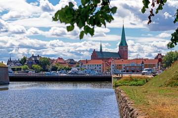 Elsinore, Denmark - June 28, 2021. View from the coast of the city of Helsingor on a summer sunny...