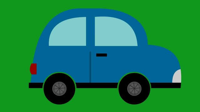Loop animation of a blue car moving the wheels, on a green chroma key background