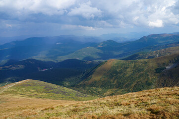 Fototapeta na wymiar View of the Carpathian Mountains from the Ukrainian Mount Hoverla. 