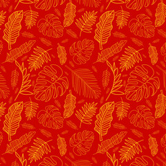 One line botanical leaves seamless pattern