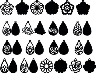 Bundle of earring templates with flowers for making earrings from leather, wood, metal. Templates for cutting machines. - obrazy, fototapety, plakaty