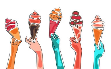 Set of Conical Ice Cream in Hands. Abstract Background with sweets.
Vector illustration.
