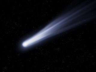 Fototapeta na wymiar Bright comet at night. Large dust gas trail. Comet Asteroid Meteorite falls to Earth against the night sky. 