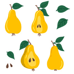 Pear set. Slice of pear, leaves