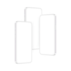 Modern White Clay Smartphones Mockups With Blank Screens, Side Perspective View. Vector Illustration