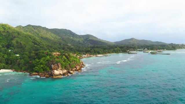 Flying around Anse Severe beach at the La Digue Island, Seychelles