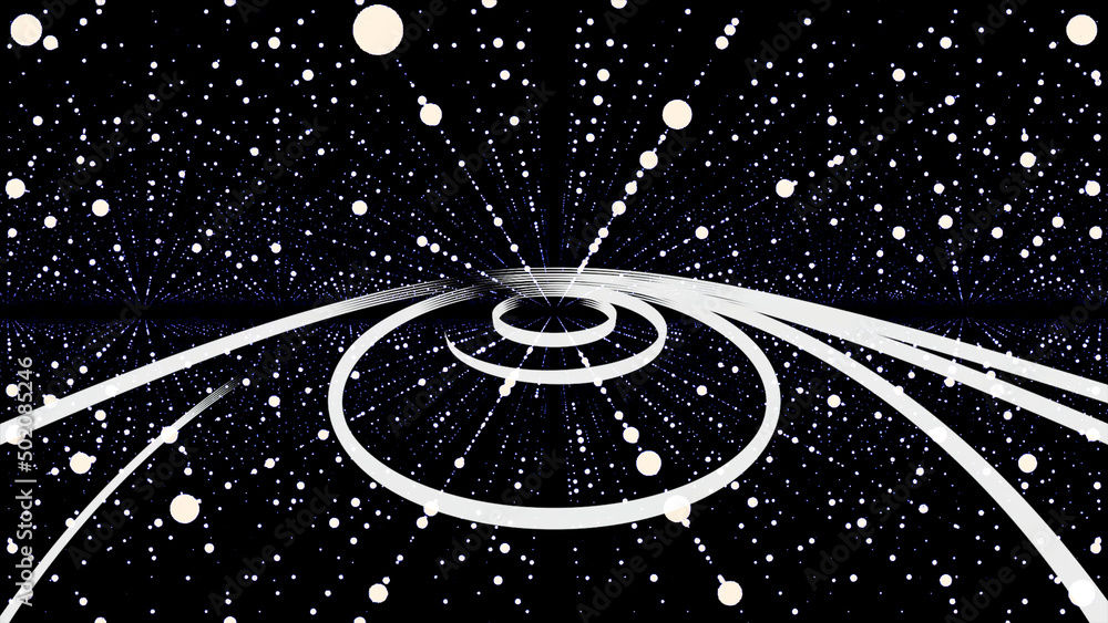 Poster abstract background with white narrow lines and dots moving on black background, monochrome. animati