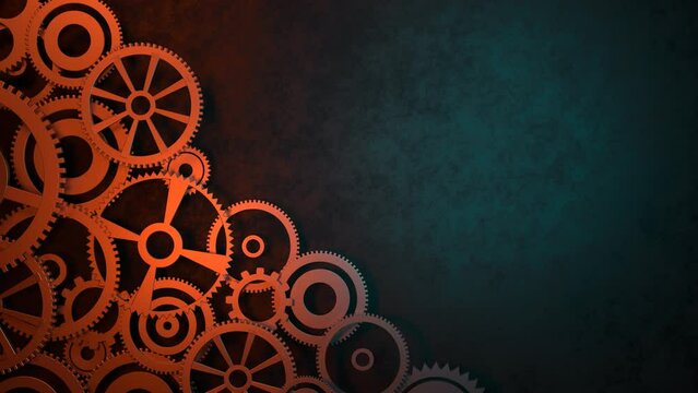 Many gears rotate as concept of any mechanism or team work. Technical 3d background 4k seamless loop with copy space. Concept of innovation and progress