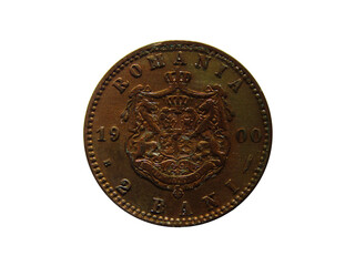 Reverse of Romania coin 2 bani 1900. Isolated in white background. 