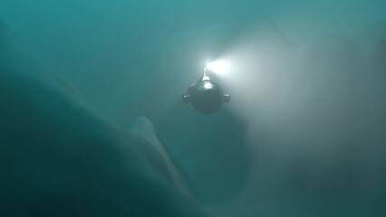 Small bathyscaphe inspects the bottom of the sea with light 3d animation marine background
