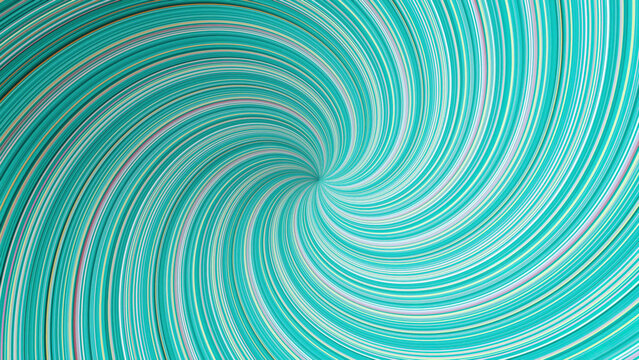 Spinning colorful funnel of curved lines, seamless loop. Animation. Beautiful turquoise rotating tornado, hypnotic effect.