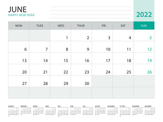 June 2022-Calendar 2022 template vector on green background, week start on monday, Desk calendar 2022 year, Wall calendar design, corporate planner template, Stationery, organizer diary, vector