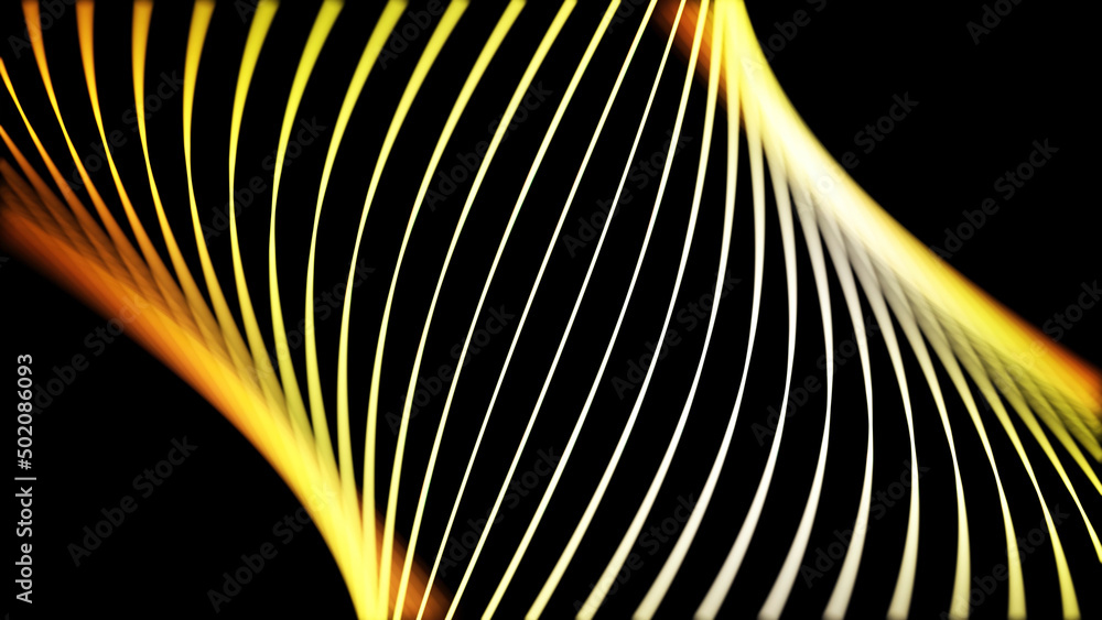 Poster abstract yellow neon lines twisting in a spiral tunnel on black background, seamless loop. animation