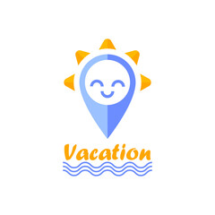 Vacation location marker icon. Cheerful smile character. Summer vacation concept of sun, sea, waves. GPS map pointer icon. Location pin icon. Vector illustration - 502087821