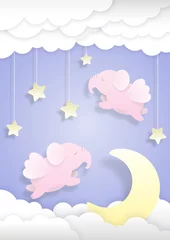  Kids paper cut background with cute pink sleeping elephants with wings, flying at night in the sky surrounded stars, crescent and clouds. Template in pastel colors with layered elements © Murhena