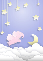 Kids paper cut background with cute pink sleeping elephant with wings, flying at night in the sky surrounded stars, crescent, clouds. Template in pastel colors with layered elements and a copy space