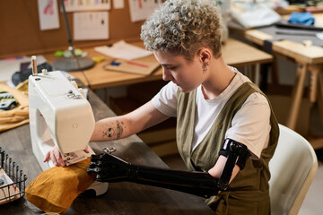 Serious young seamstress with black arm prosthesis working by electric sewing machine while...
