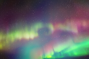 Night starry sky and polar lights. Purple green aurora borealis - obrazy, fototapety, plakaty