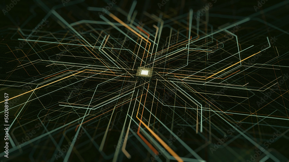 Poster circuit board with moving electrons, cpu processing data. animation. abstract visualization of compu