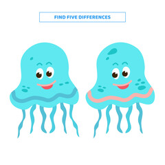 Find five differences between cartoon jellyfish.