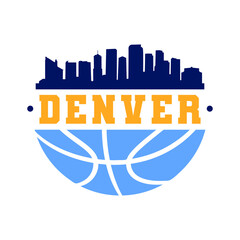 Denver, CO, USA Basketball Skyline City Silhouette Vector. Basket Design Style Icon Symbols. Sport America Ball. - obrazy, fototapety, plakaty