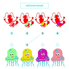 Match cute cartoon jellyfish and shrimp by color.