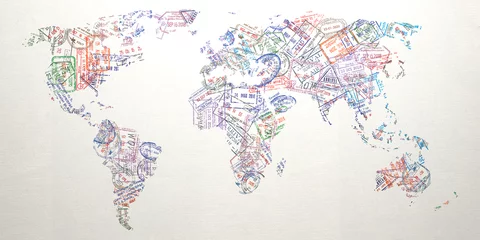 Deurstickers Passport stamps of different visa country in form of world map. Travel, tourism and immigration concept background. © Maksym Yemelyanov