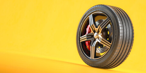 Car wheel. Disk with tyre and brakes on yellow background. 3d illustration - obrazy, fototapety, plakaty
